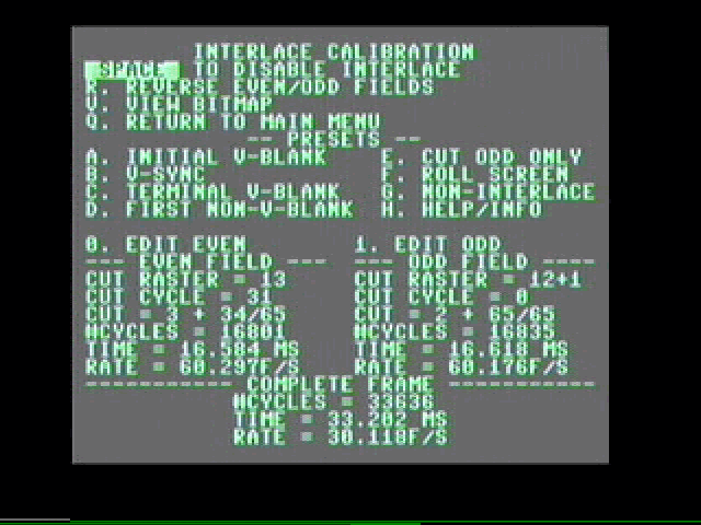 Picture of VIC-IIe screen displaying Demo Cabilibration Menu with interlace on (but at standard 40x25 text size).