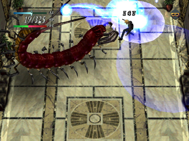 Aya is blinded by a giant centepede's lightning attack