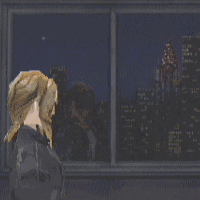 Aya viewing Crysler building through a window